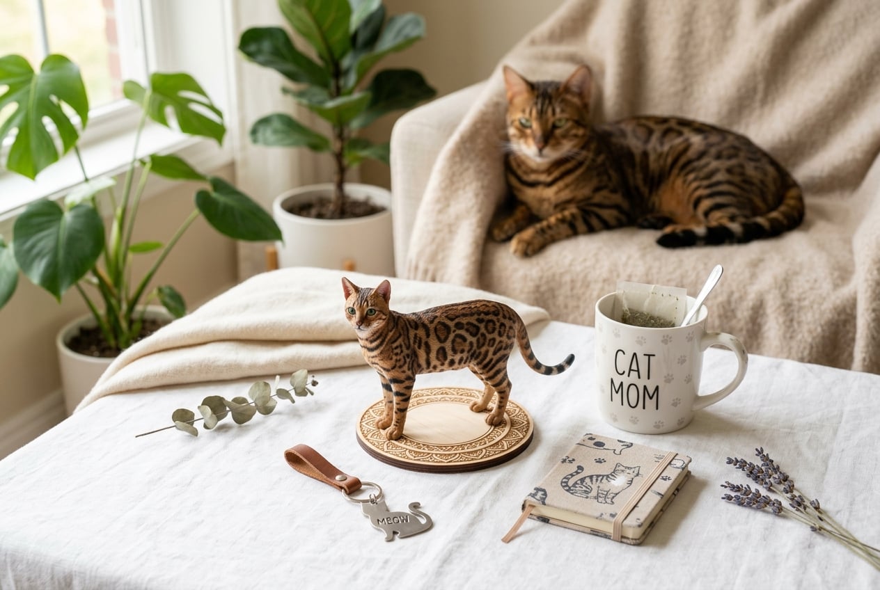 Full-color 3D printed resin figurine of a Bengal Cat alongside generic cat gifts with a real Bengal Cat in background