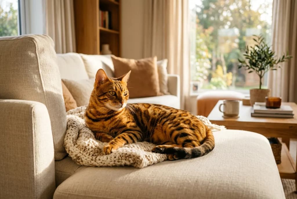 Bengal cat with rosette markings lounging elegantly on a cream sofa in golden afternoon light