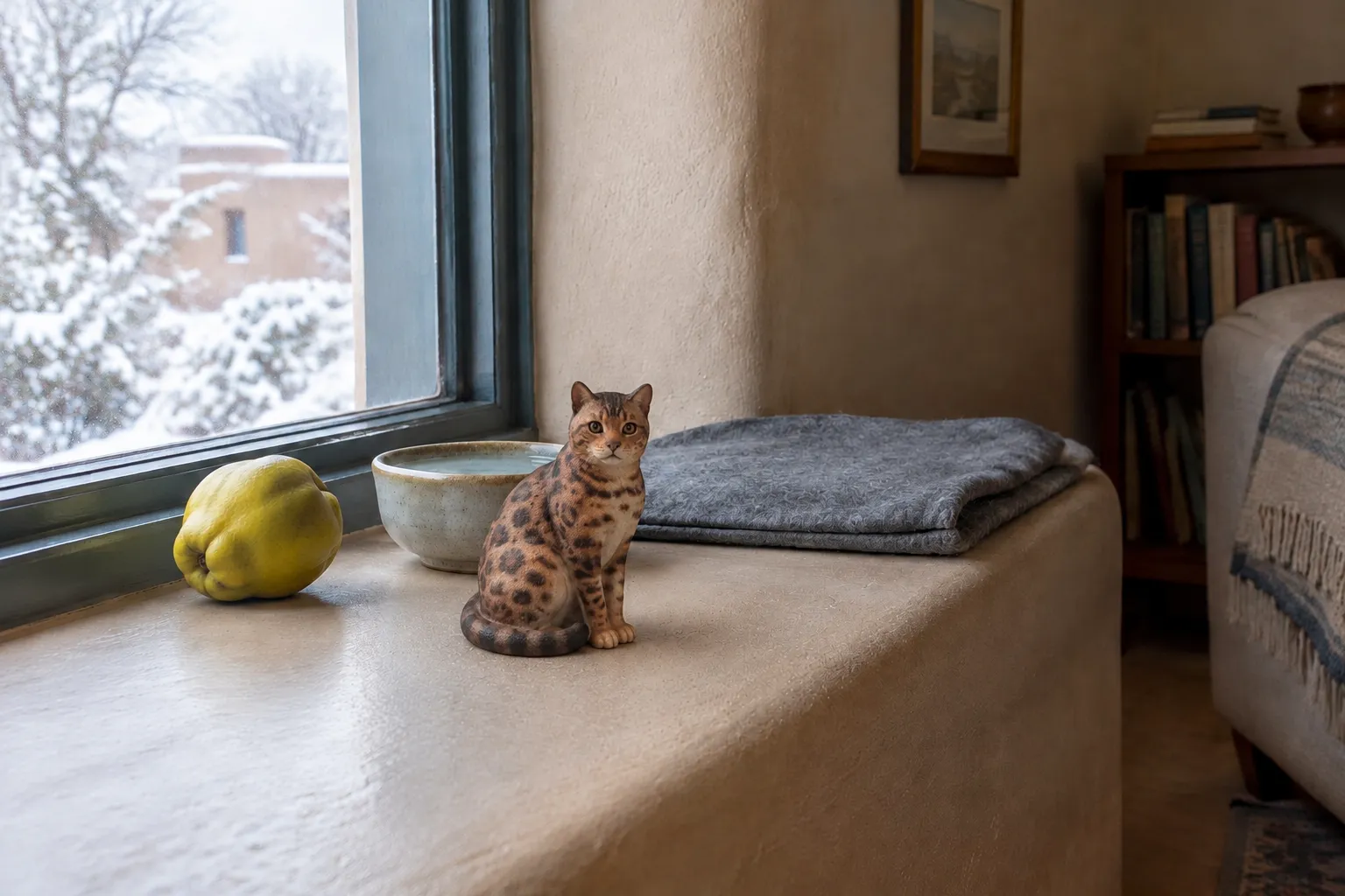 Bengal cat figurine with spotted brown coat on a deep adobe windowsill beside a stoneware water bowl and a quince