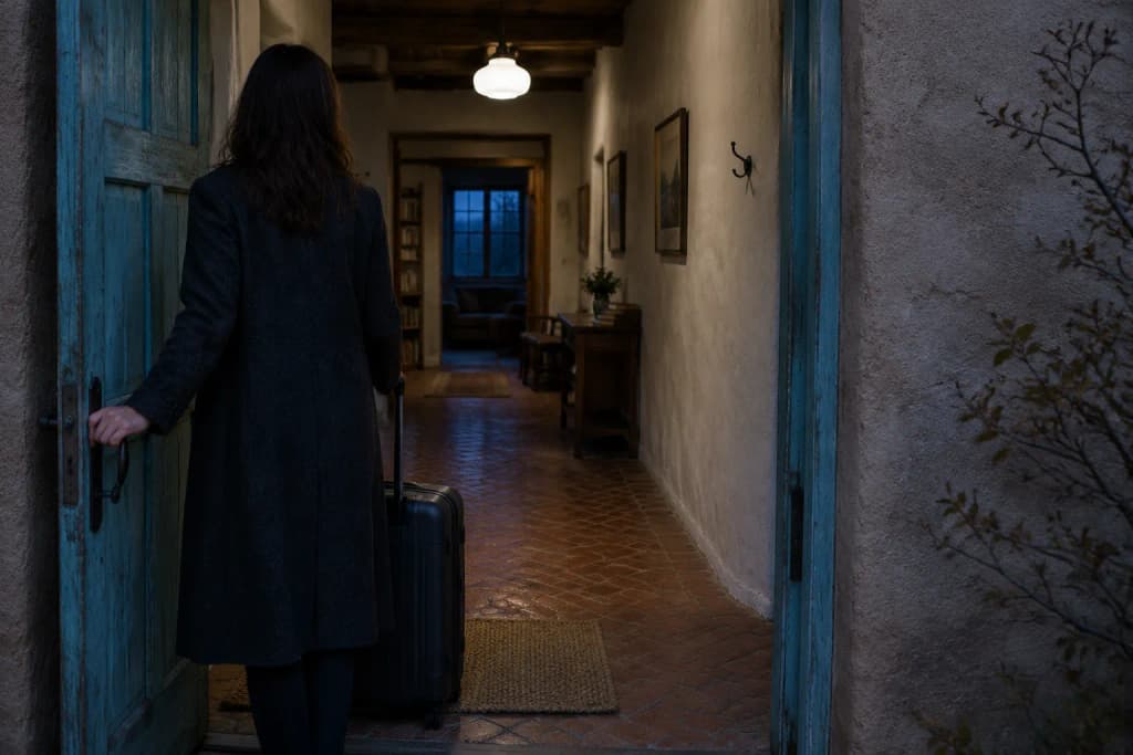 A person seen from behind stands in an open blue front door at dusk beside a rolling suitcase, looking into a lit hall