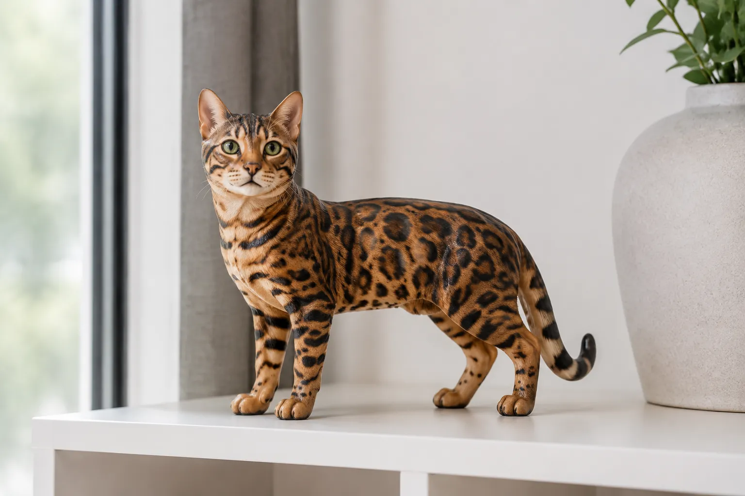 Full-color resin figurine of a Bengal cat with crisp rosette markings on a sunlit minimalist shelf