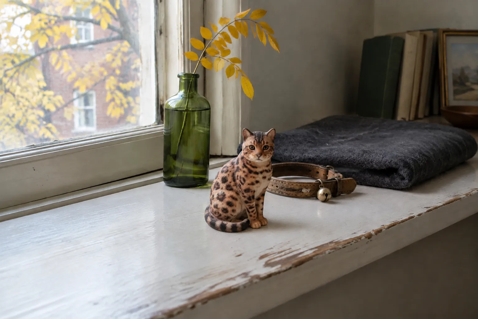 Bengal cat figurine curled asleep on a white-painted windowsill beside a worn leather collar and a green glass bottle.