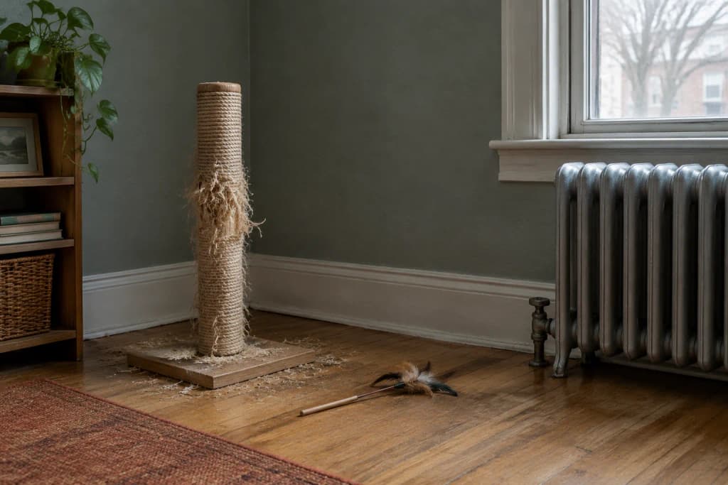 A frayed sisal scratching post beside a cast-iron radiator in a dim living room corner, feather wand on the floor.