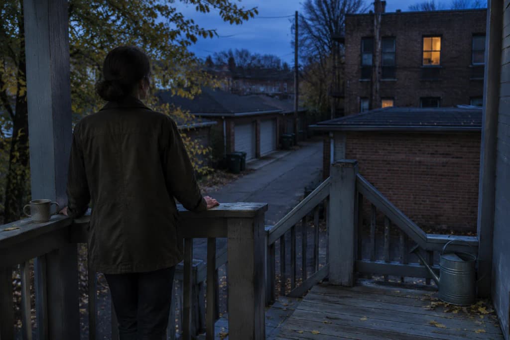 A woman seen from behind at a wooden back porch rail at dusk, looking across an alley to a lit kitchen window.