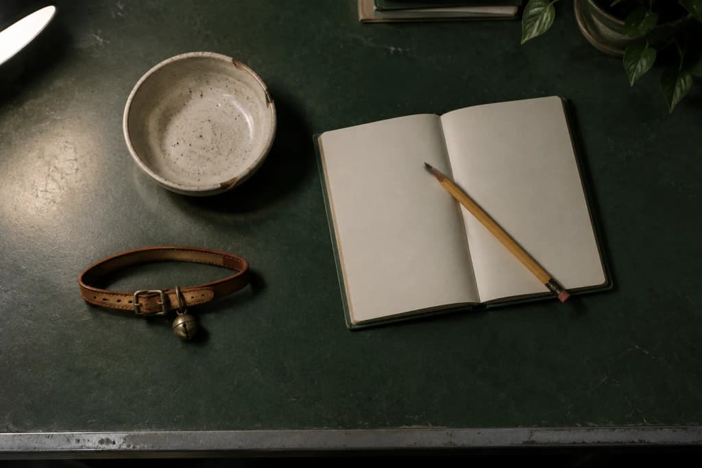 Overhead view of an empty stoneware cat bowl, a leather collar, a blank notebook and a pencil on a green desk top.