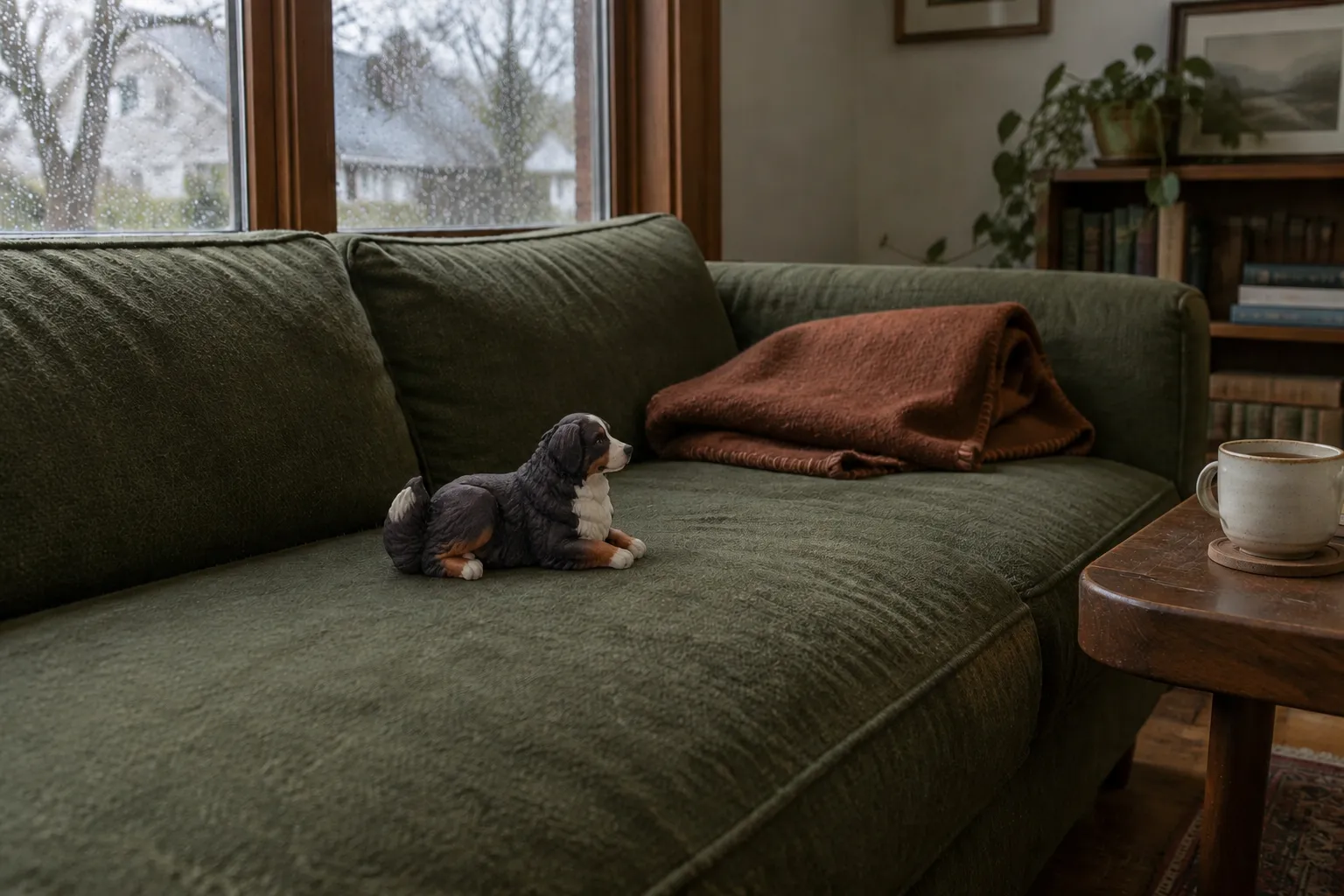 Figurine of a senior Bernese Mountain Dog lying in the worn hollow of a green wool couch cushion beside a leather collar