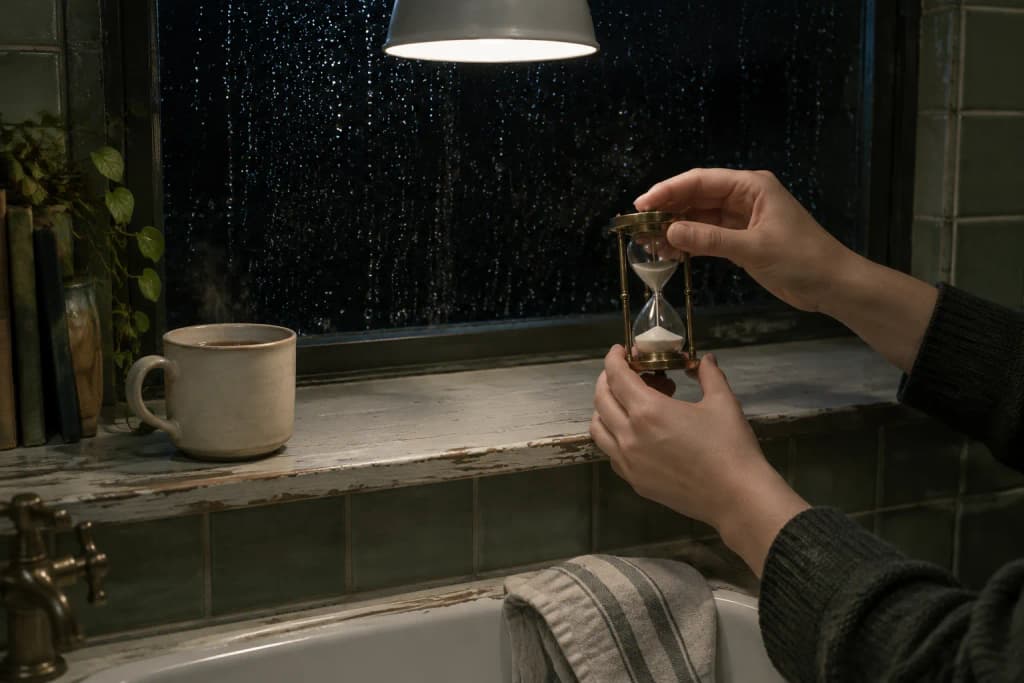 Hands turning over a brass sand timer on a kitchen windowsill at night beside a cream stoneware mug of tea