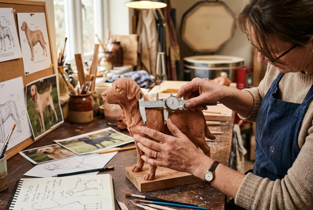 Artisan measuring figurine with precision tools and reference photos