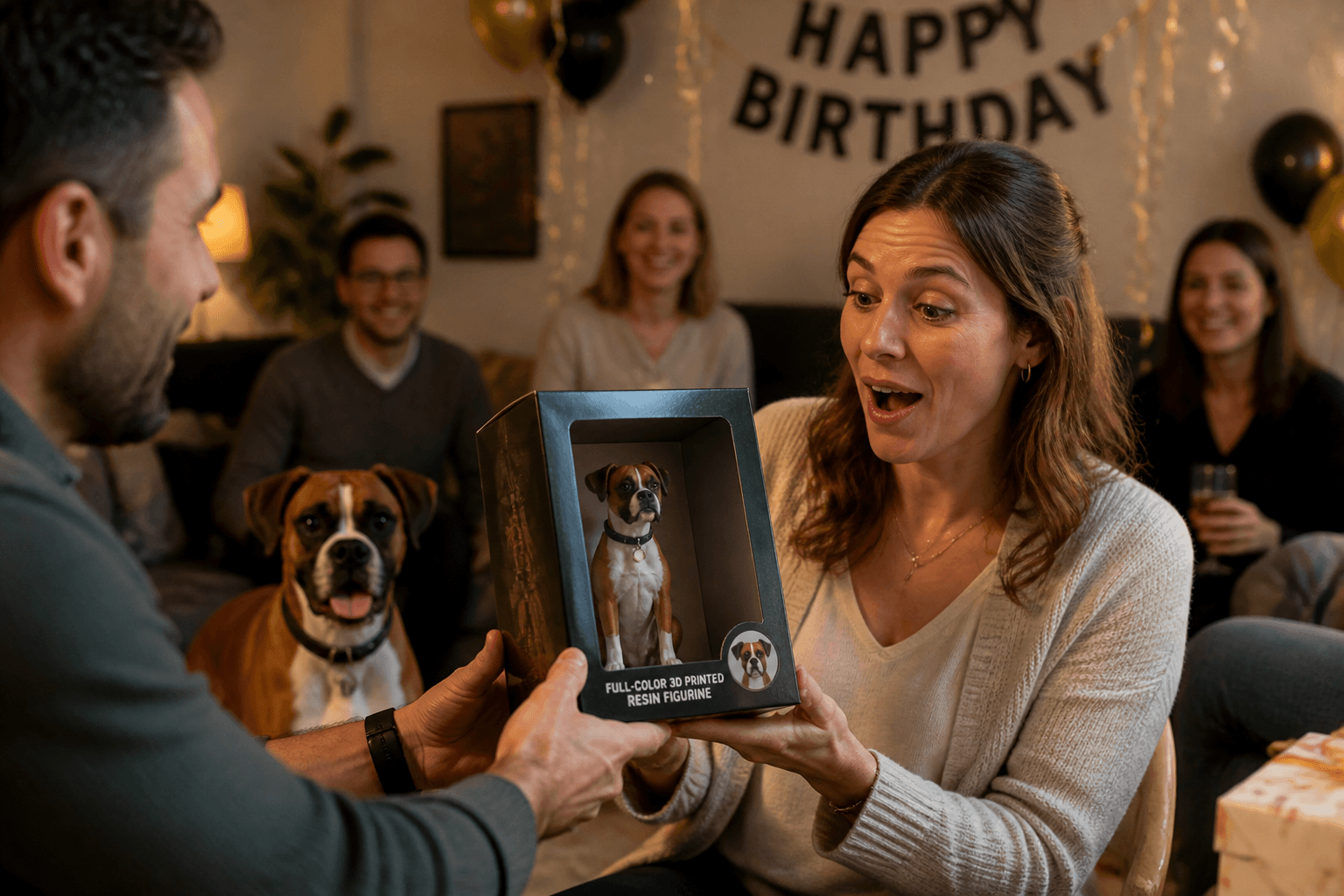 Friend receiving a Boxer dog resin figurine as a birthday gift, with the real Boxer visible in the warm background