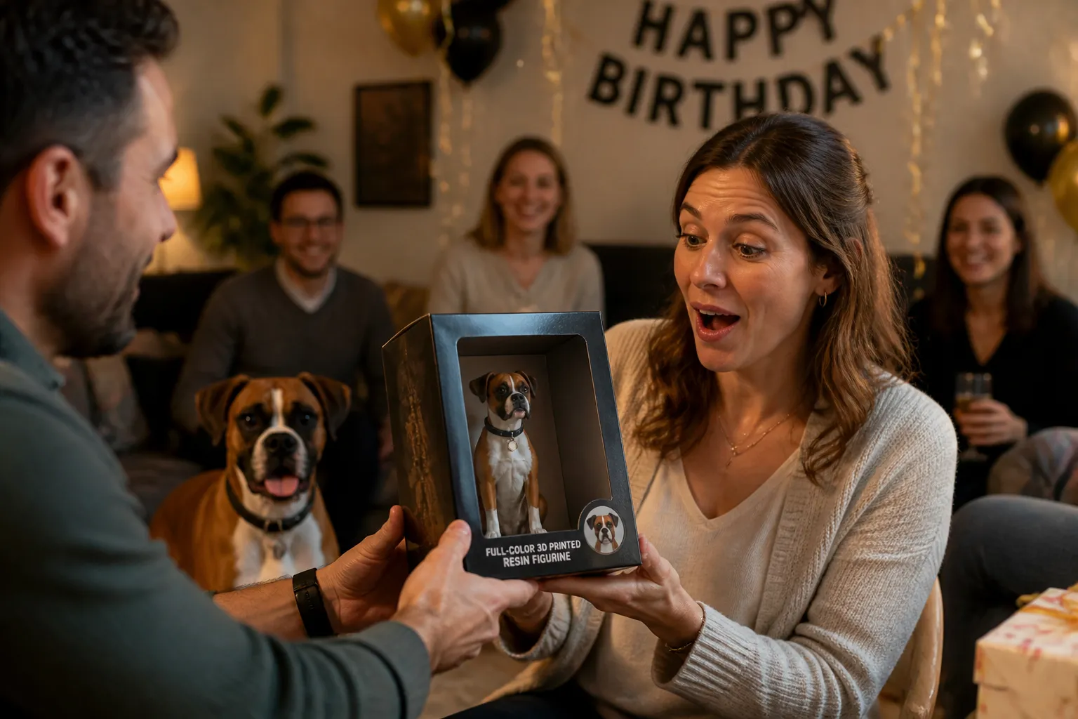 Friend receiving a Boxer dog resin figurine as a birthday gift, with the real Boxer visible in the warm background