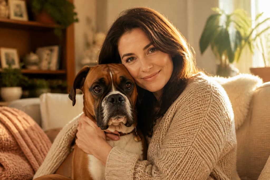 Woman sitting on a couch holding her Boxer dog close, both looking at the camera with soft affectionate expressions