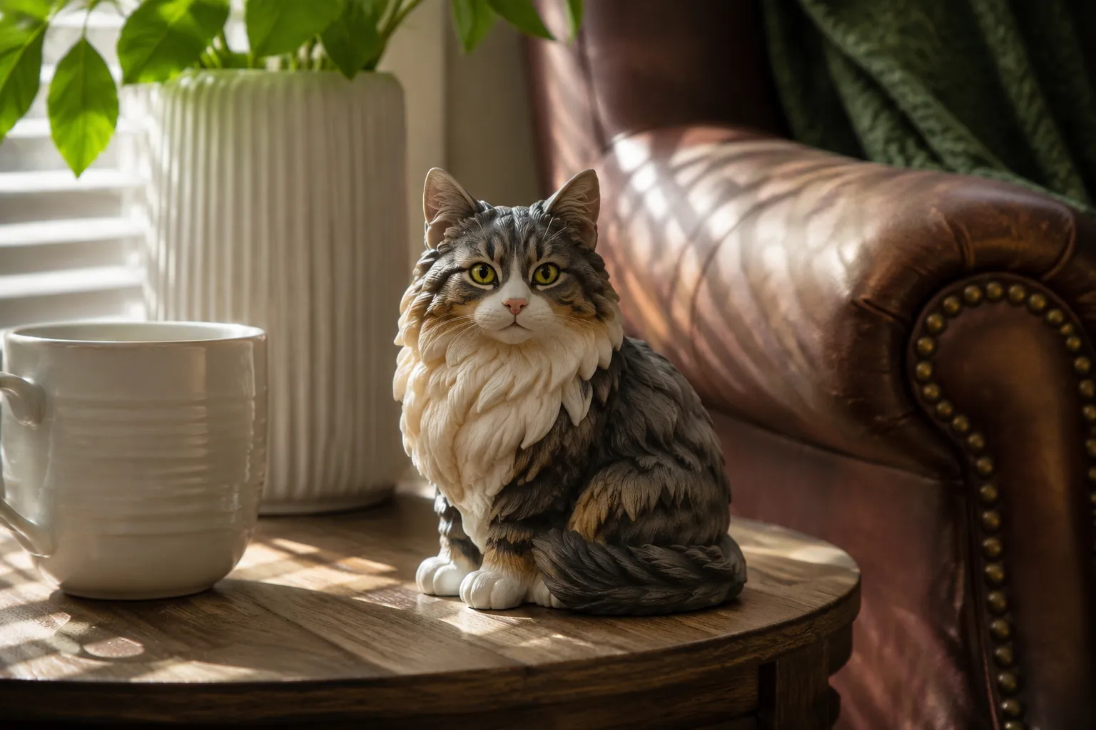 Norwegian Forest Cat figurine sitting with a thick coat and tufted ears
