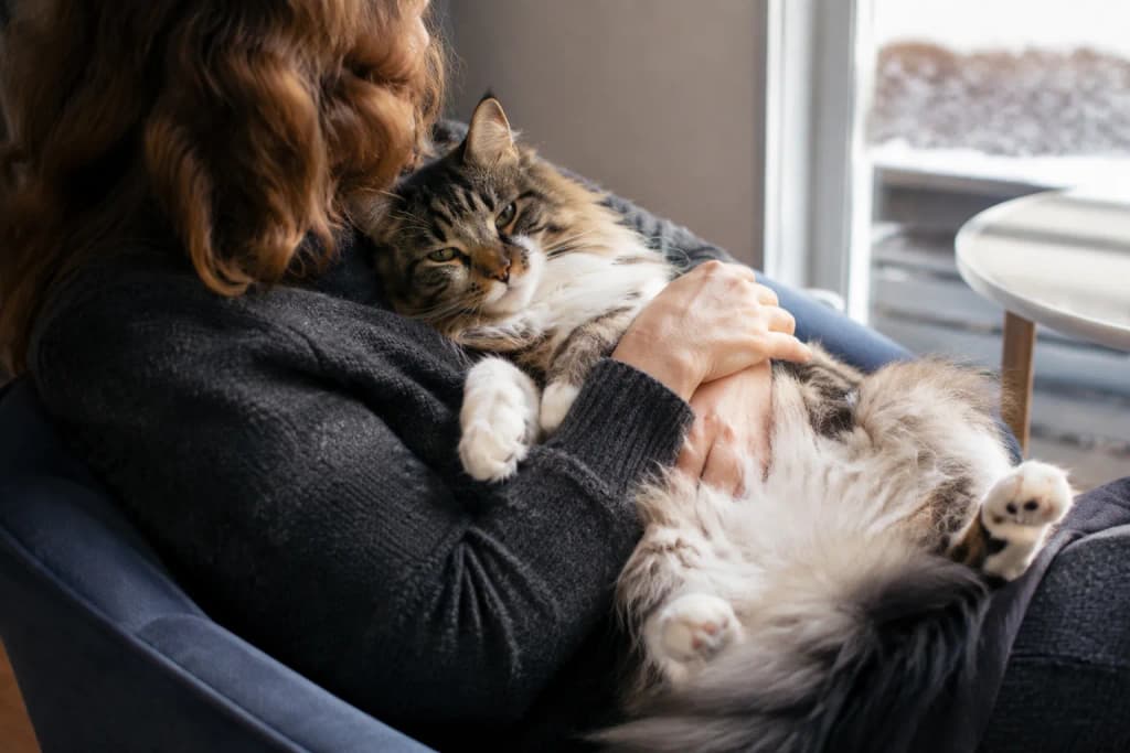 A mother gently holding her aging Norwegian Forest Cat close while sitting in a cozy chair — another moment