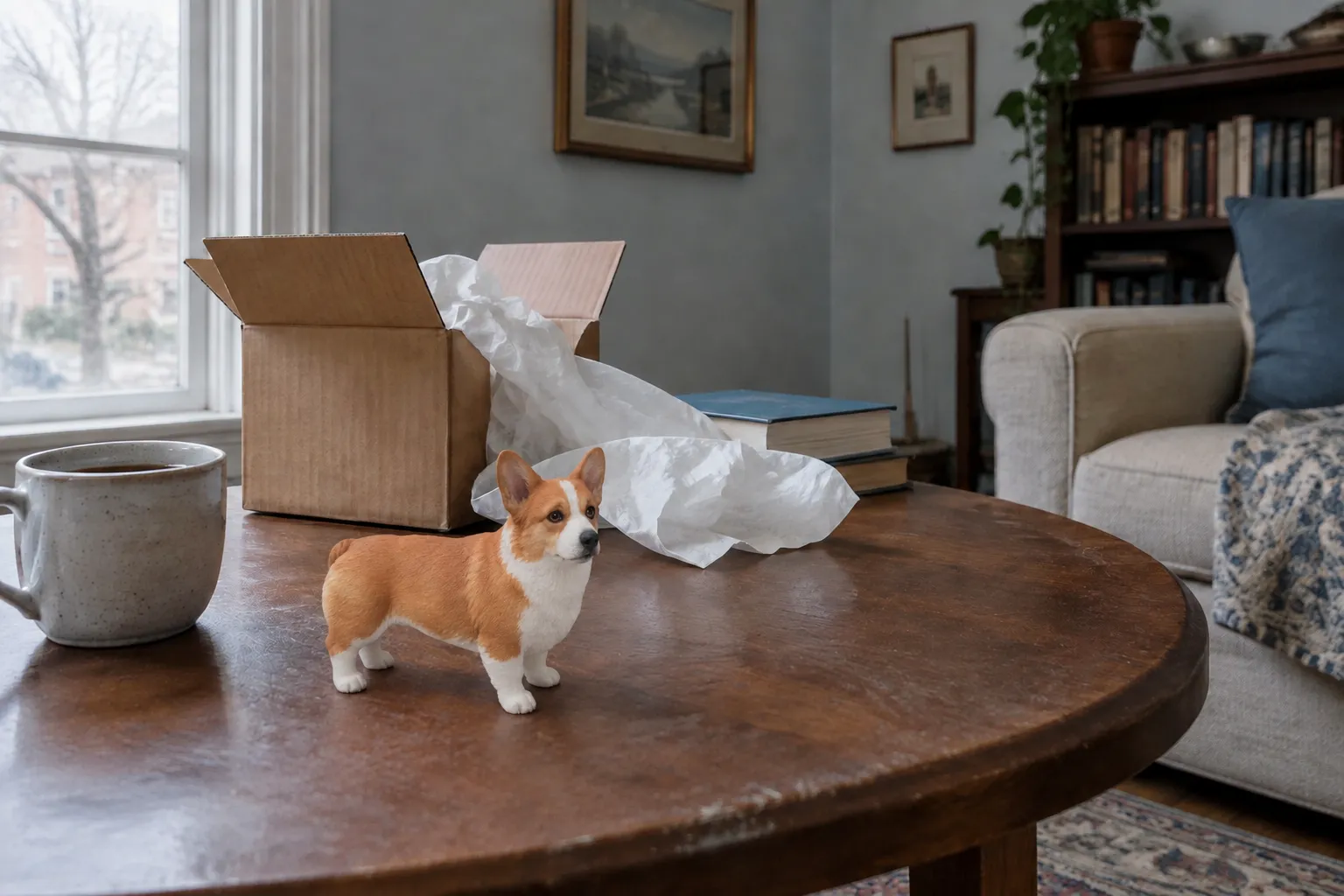 Red and white Pembroke Welsh Corgi figurine on a walnut tea table beside an opened box and white tissue paper