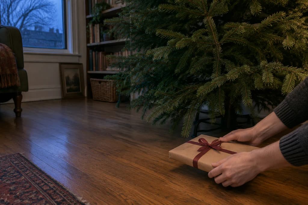 Hands setting a small flat parcel in brown paper and red ribbon under a fir tree on an oak floor at dusk