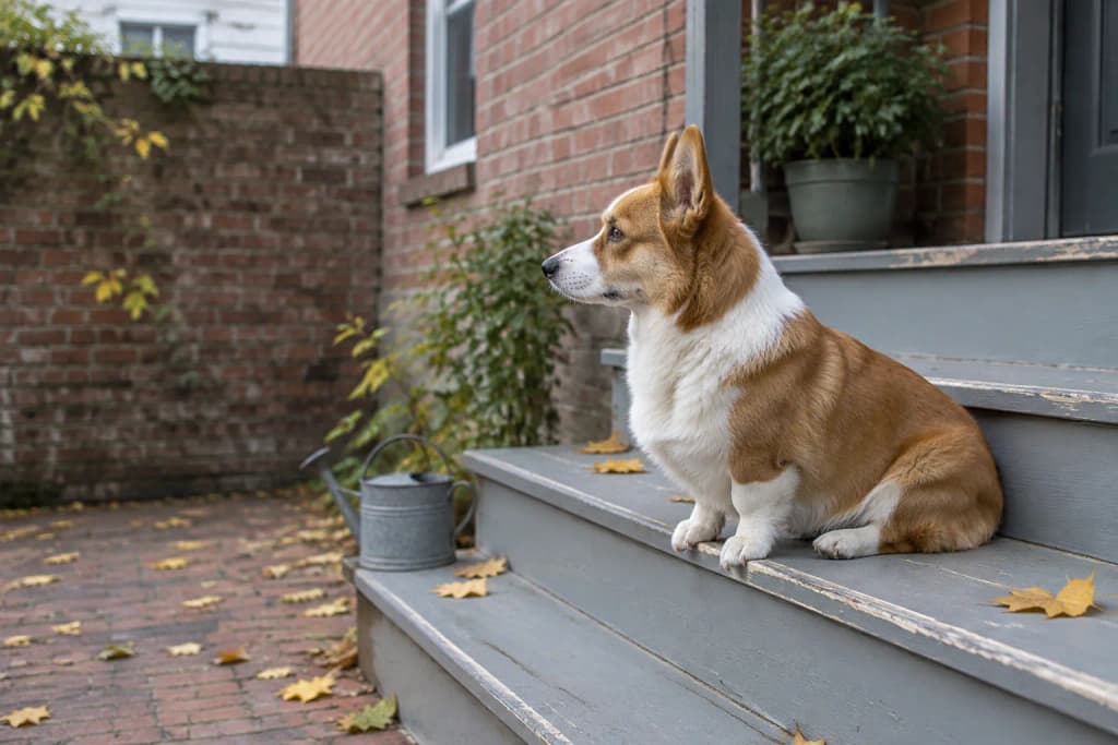 Red and white Pembroke Welsh Corgi sitting in side profile on painted wooden back steps in soft shade