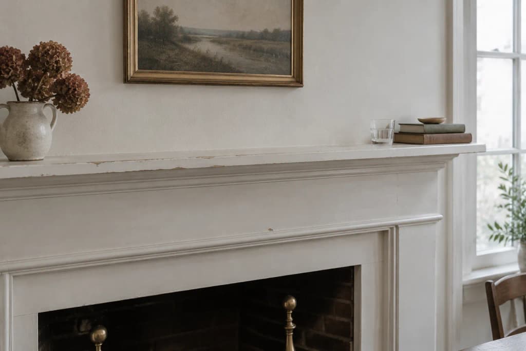 Small clear drinking glass set on the cleared end of a painted wood mantel as a stand-in, a stoneware pitcher beyond