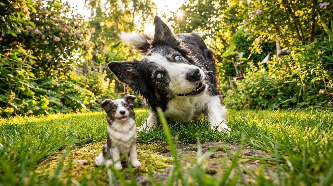 A blind Border Collie playing in grass with a figurine in the foreground.