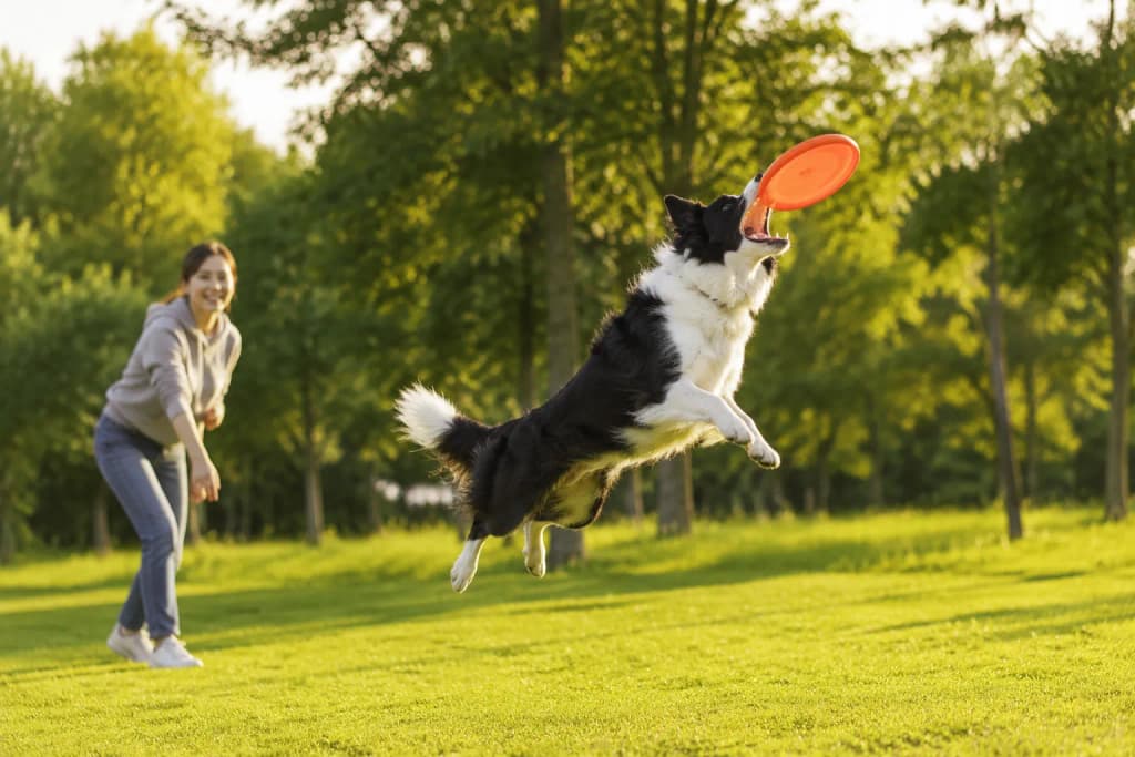 An energetic Border Collie leaping to catch a frisbee in a sunlit green park while its owner watches happily