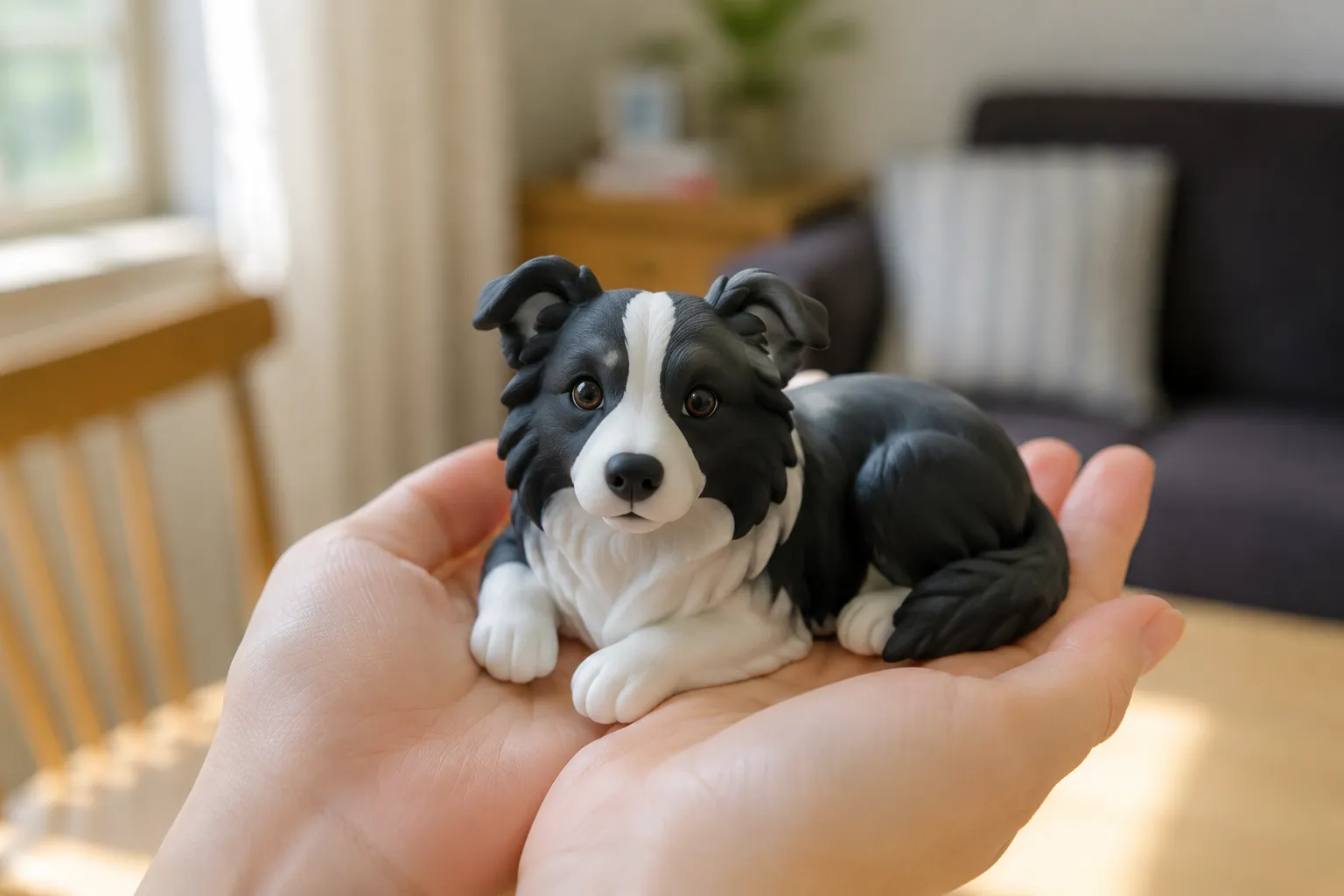 Border Collie figurine lying in a focused crouch with defined markings