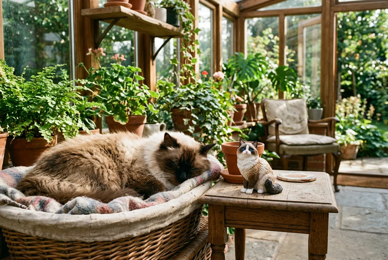 Senior Ragdoll cat in a sunny patio beside a full-color 3D printed resin figurine of their younger self