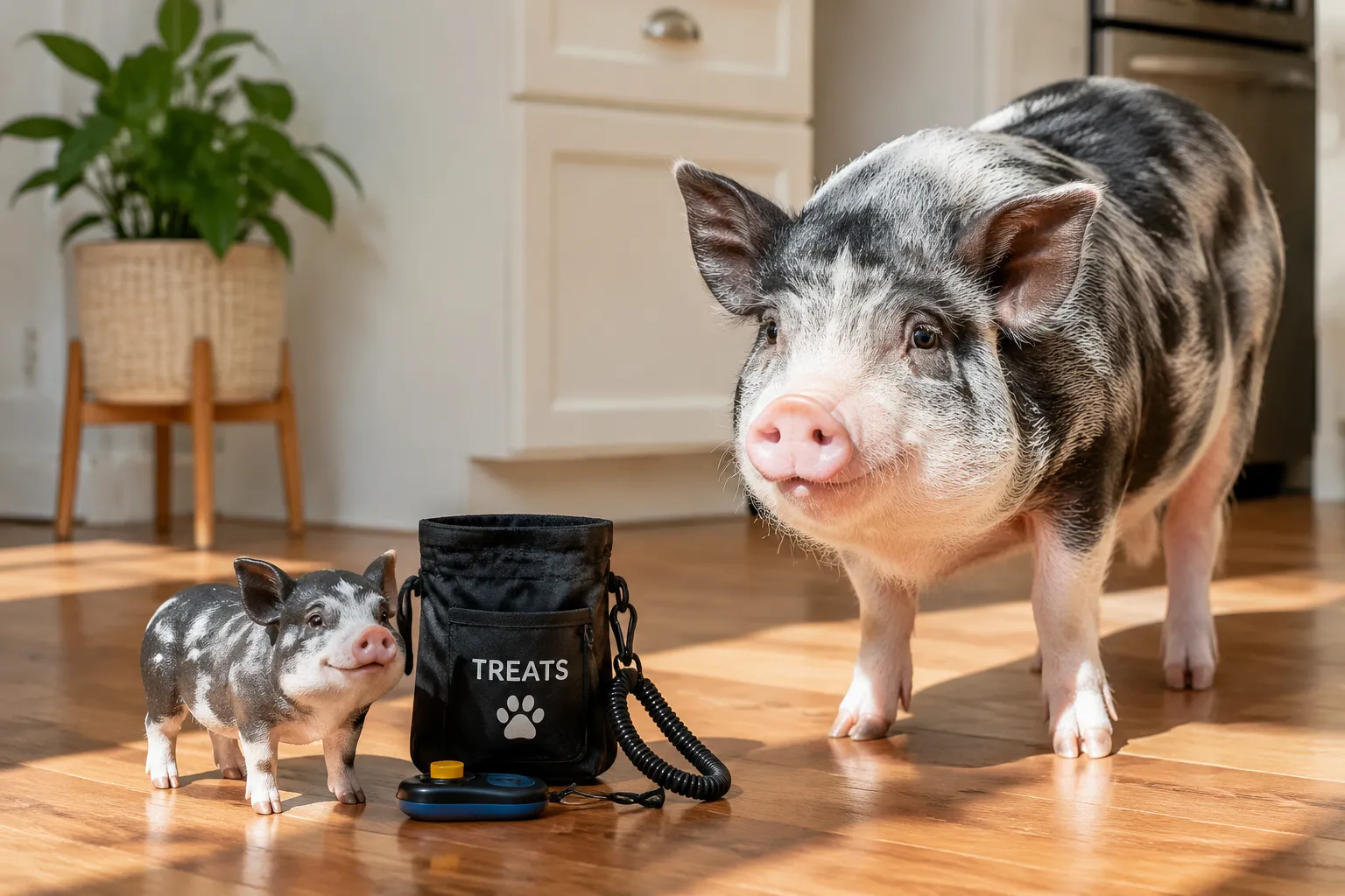 A resin Mini Pig figurine beside a clicker and treat pouch on a sunny kitchen floor in bright cheerful light
