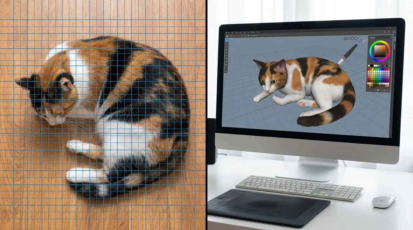 Grid overlay on Calico cat photo next to 3D model
