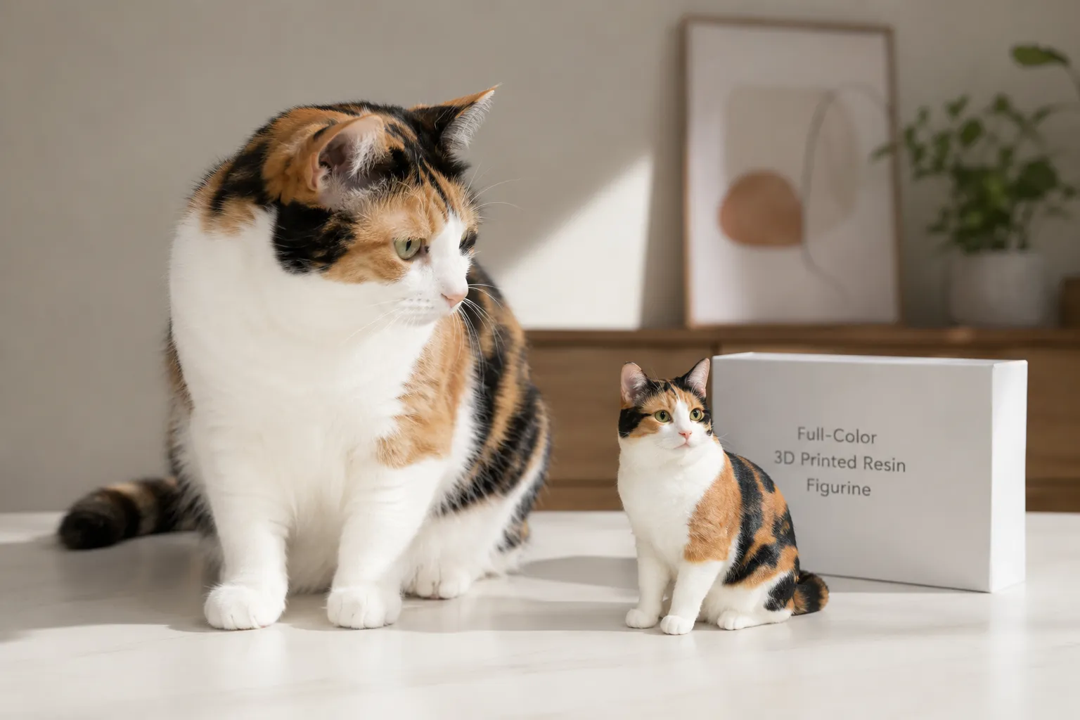 Calico cat beside its full-color resin figurine on a bright minimalist table in soft daylight