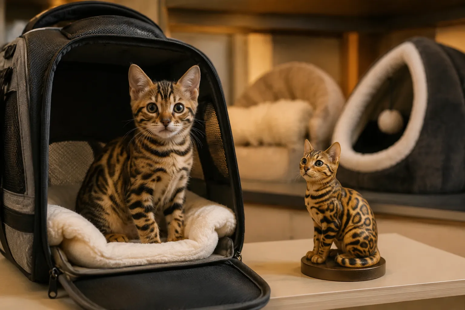 A calm spotted Bengal kitten in an open carrier beside its full-color resin figurine in a cozy multi-pet home