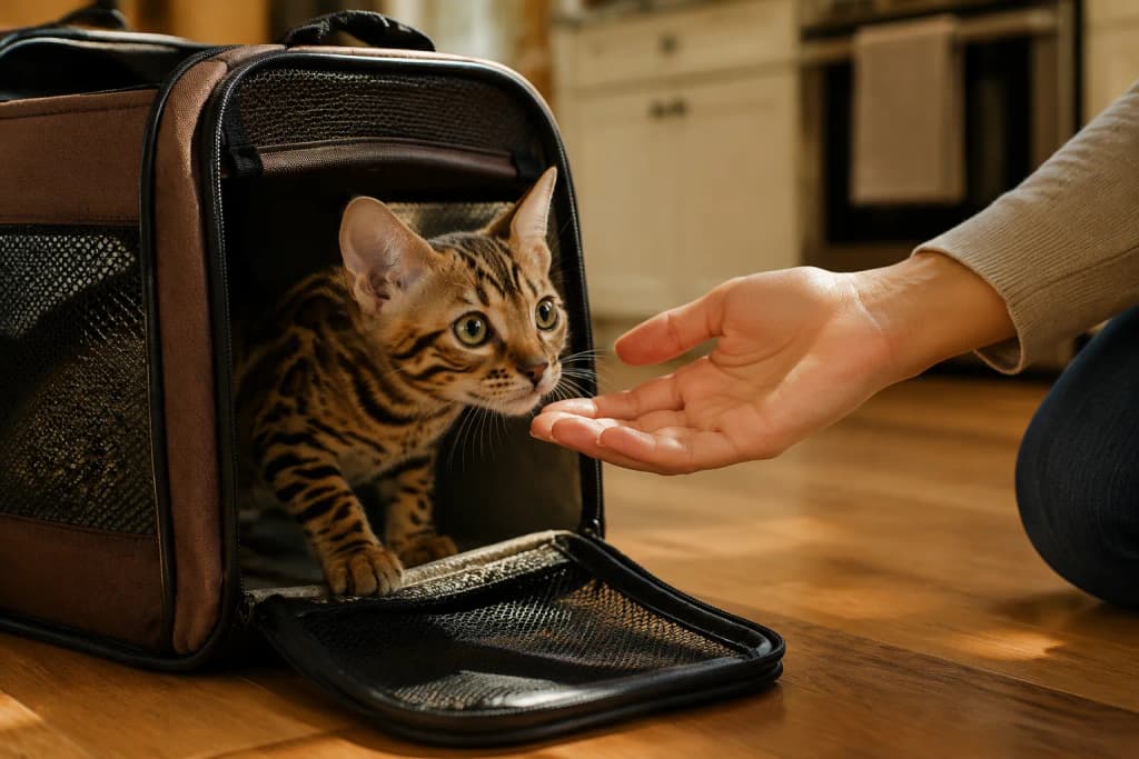 A curious spotted Bengal kitten peeking from a soft carrier as a gentle hand offers calm reassurance nearby