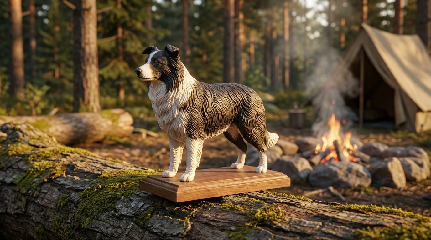 Border Collie figurine resting on a log at a campsite, honoring an adventure dog.