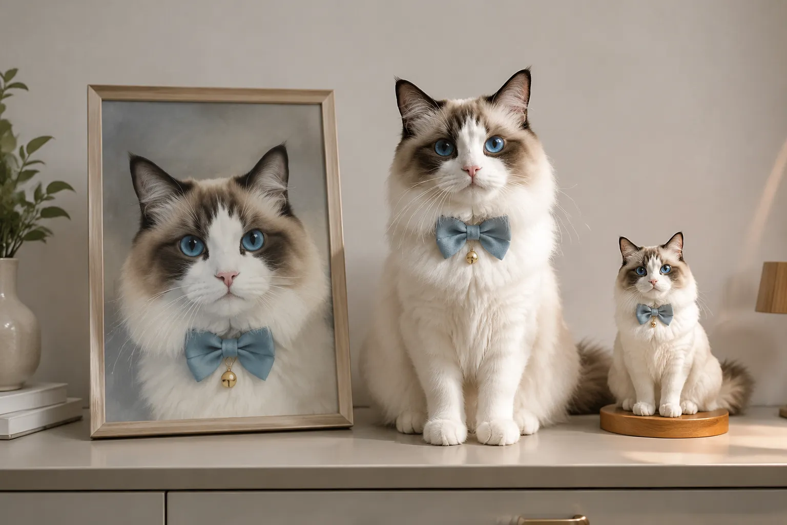 Ragdoll cat seated between a framed canvas portrait and its full-color resin figurine on a console