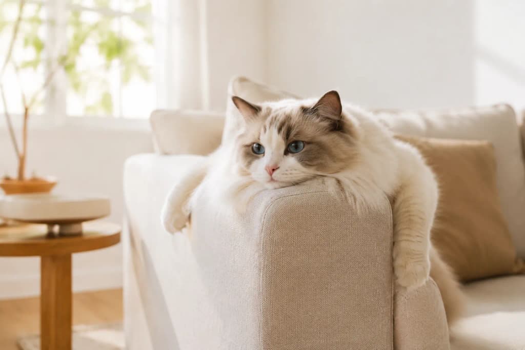 Fluffy Ragdoll cat draped over a sofa arm in a bright minimalist living room in soft daylight