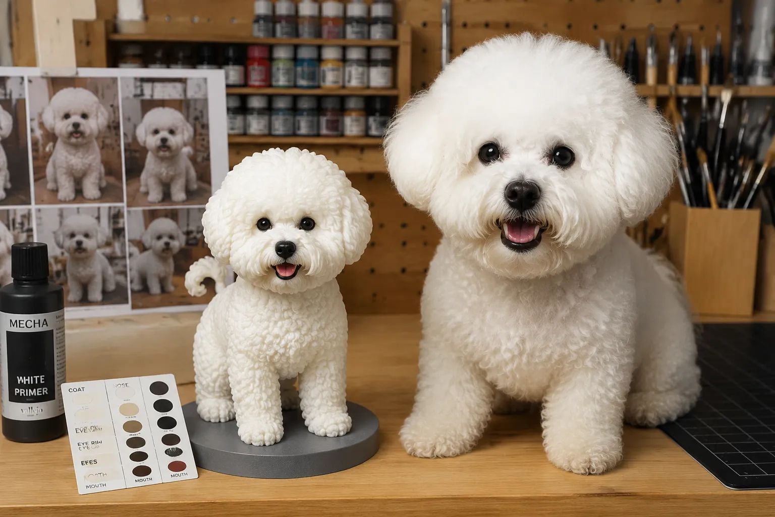 A curly off-white Bichon Frise beside its full-color resin figurine and color swatches on an artist bench