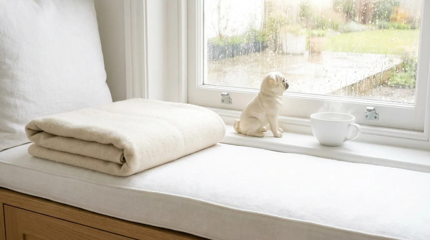 A Pug figurine on a sunny windowsill next to a cup of tea.