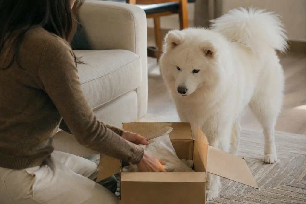 An owner opening a delivery box while their fluffy white Samoyed watches with a curled tail — another moment