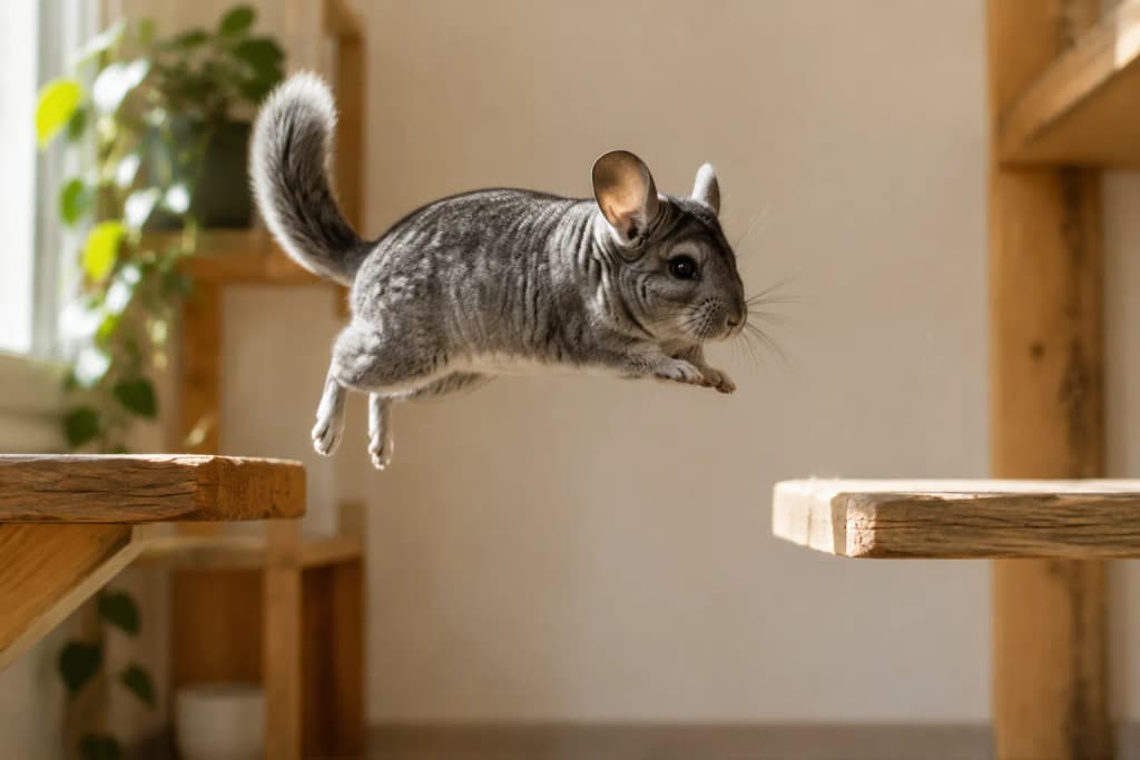 Chinchilla mid-leap between two wooden ledges in a bright, uncluttered room with soft light on its fur