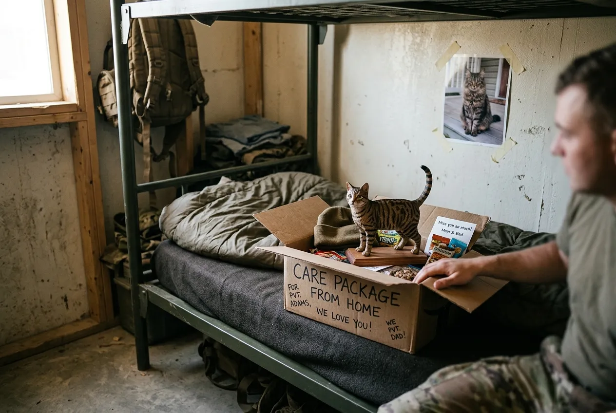 Deployed soldier opening care package with custom cat figurine