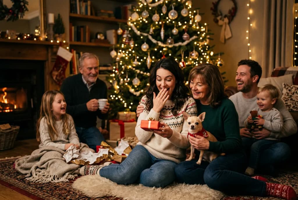 Family at Christmas with one person surprised by a small gift while a Chihuahua sits in someone's lap