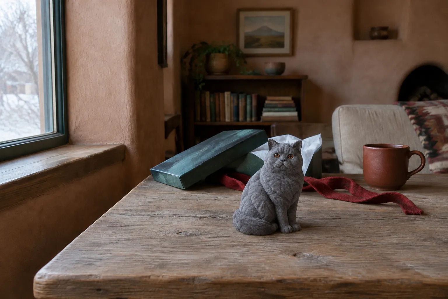 British Shorthair figurine on a pine table beside an opened green gift box and tissue in an adobe living room