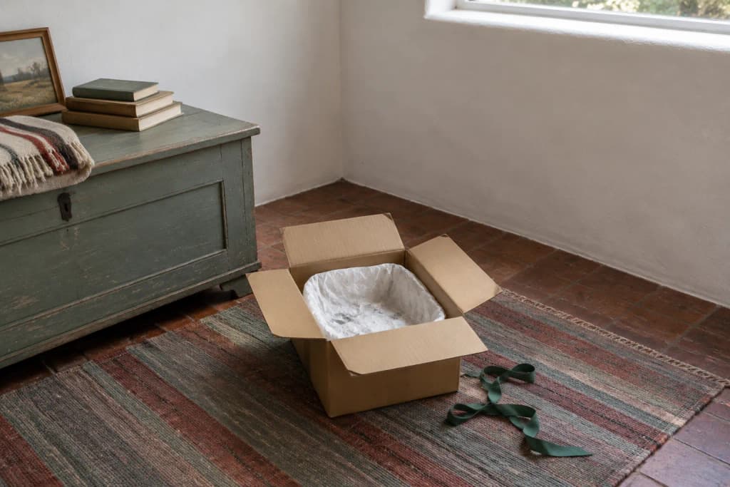 Open cardboard box lined with crumpled, pressed-down tissue on a striped wool rug in a white plaster bedroom corner
