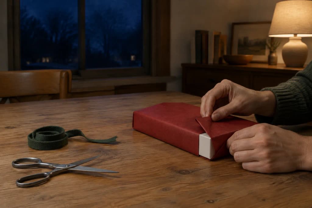 Hands folding chile-red wrapping paper around a slim flat white box on a pine table by lamplight at dusk