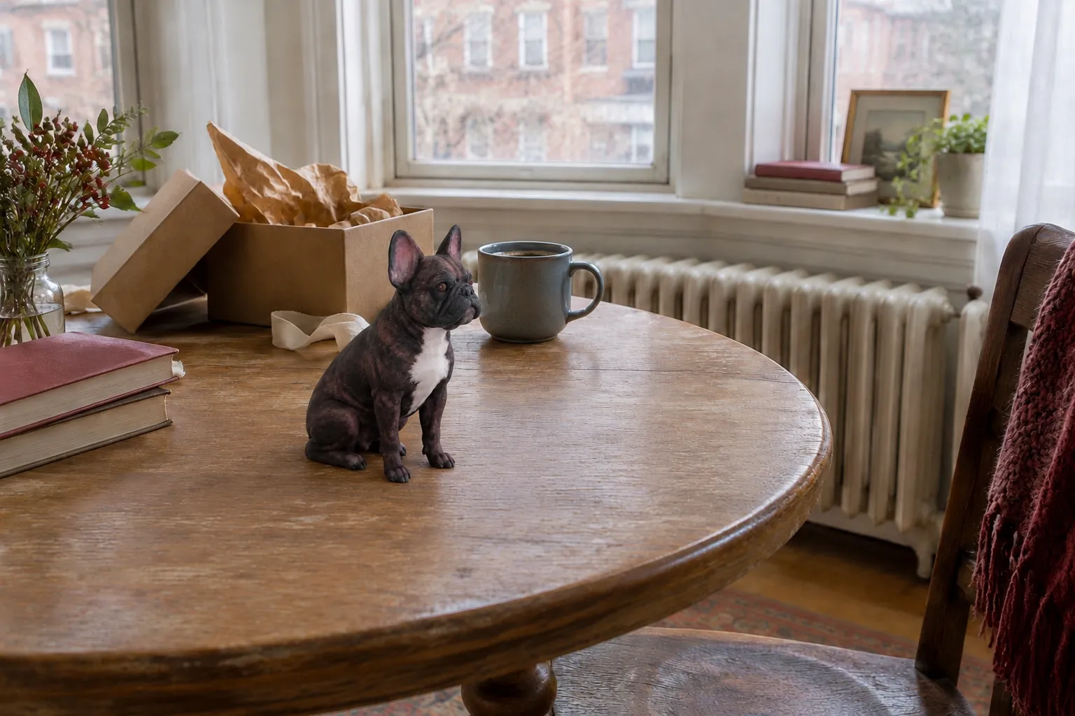 Fawn French Bulldog figurine with black mask on an oak table beside an opened kraft gift box and white tissue