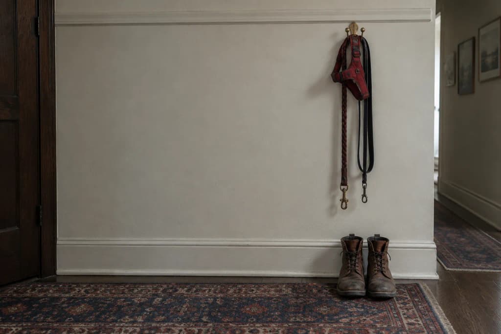 Two leashes and a red harness hang from a brass hook on a cream plaster wall above a worn runner and boots