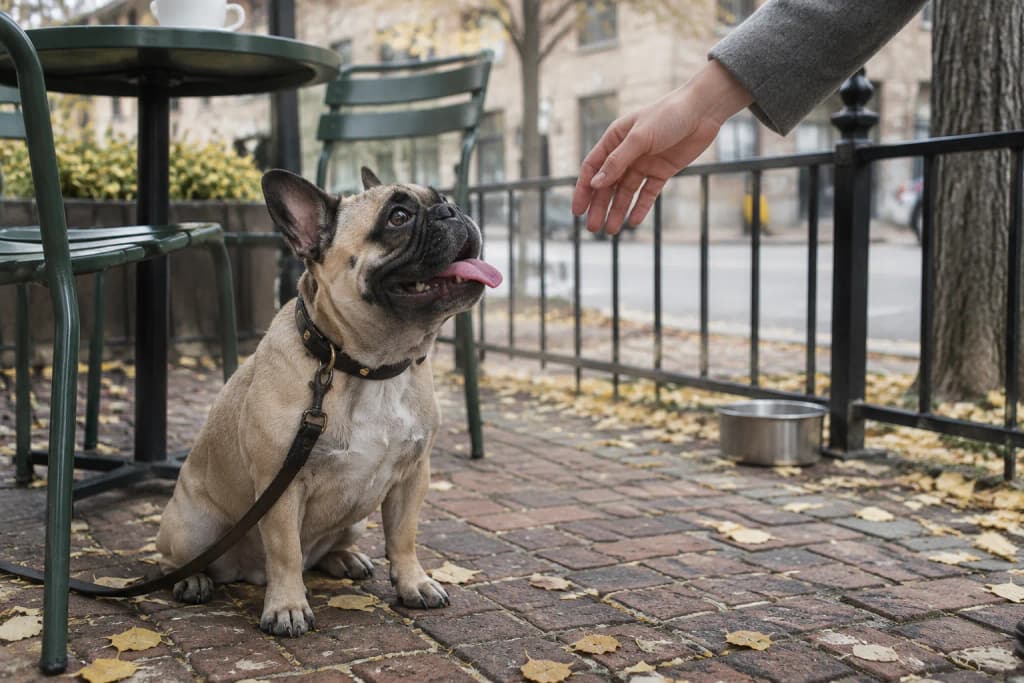 A fawn French Bulldog with a black mask sits on a brick café patio as a stranger's hand reaches down to him