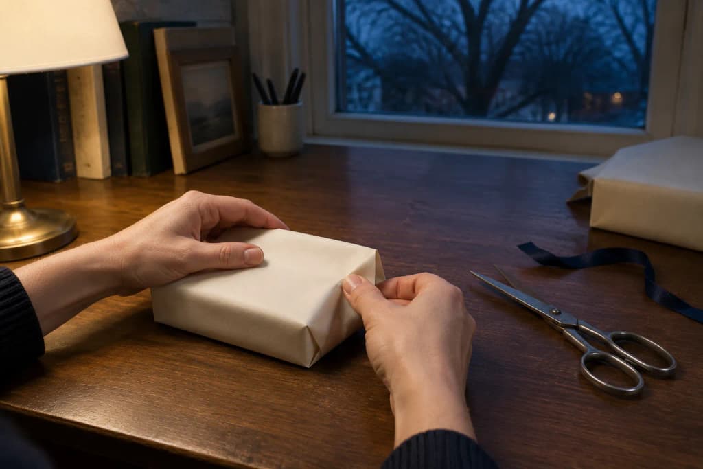 Hands fold plain cream paper around a small flat box on a walnut desk by a brass lamp and a dusk-blue window