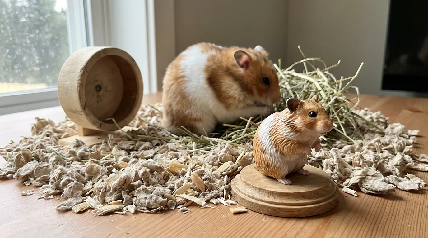 A Syrian Hamster pausing near its wheel with a tiny custom figurine of itself in the foreground.