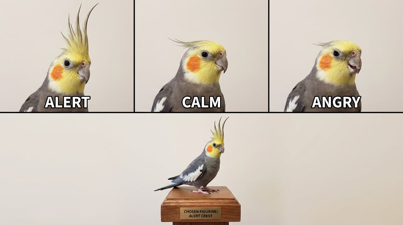 Three cockatiel crest positions compared to a figurine