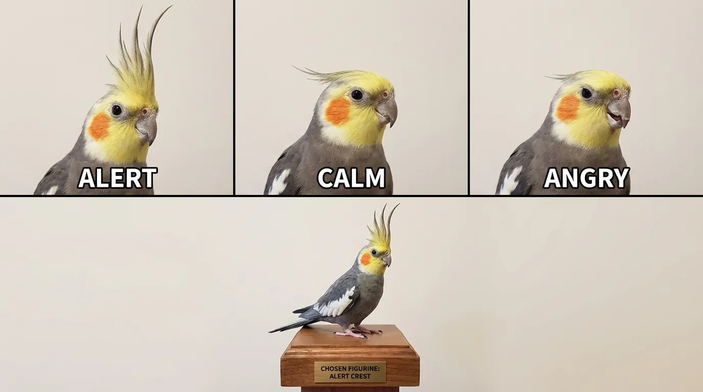 Three cockatiel crest positions compared to a figurine