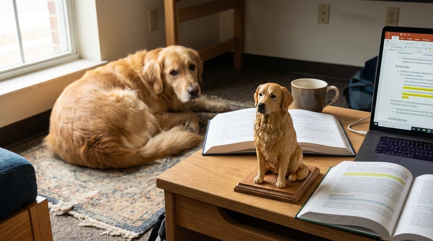 A Golden Retriever resting near a dorm desk where a figurine of itself sits on a stack of books.